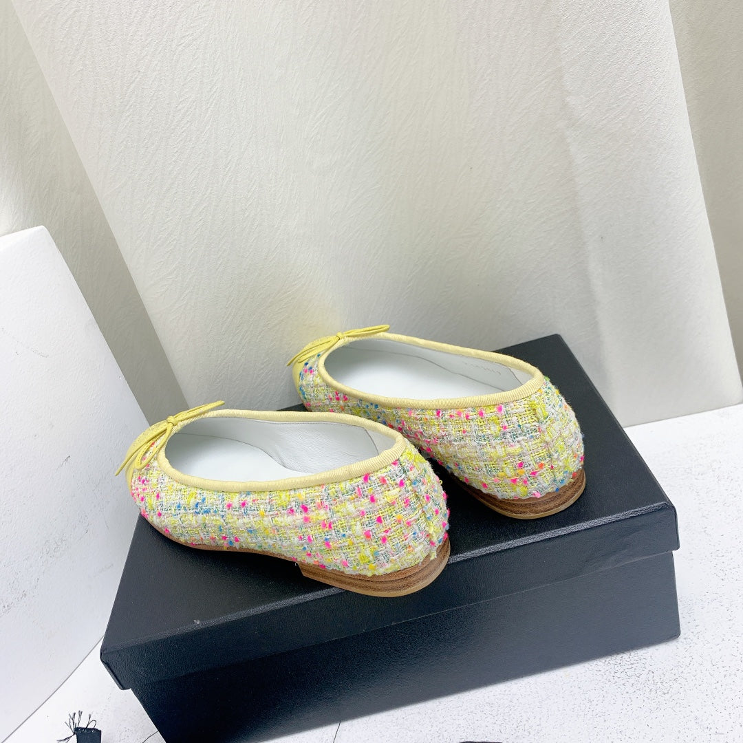 CHANEL ballet flat yellow red blue tweed grosgrain