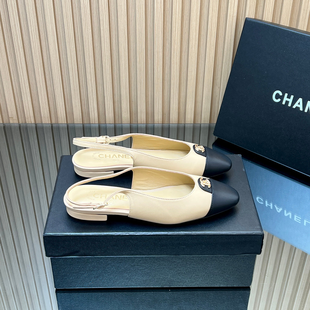 CHANEL 25S SLINGBACK FLATS IN BEIGE CALFSKIN GOLD HARDWRE