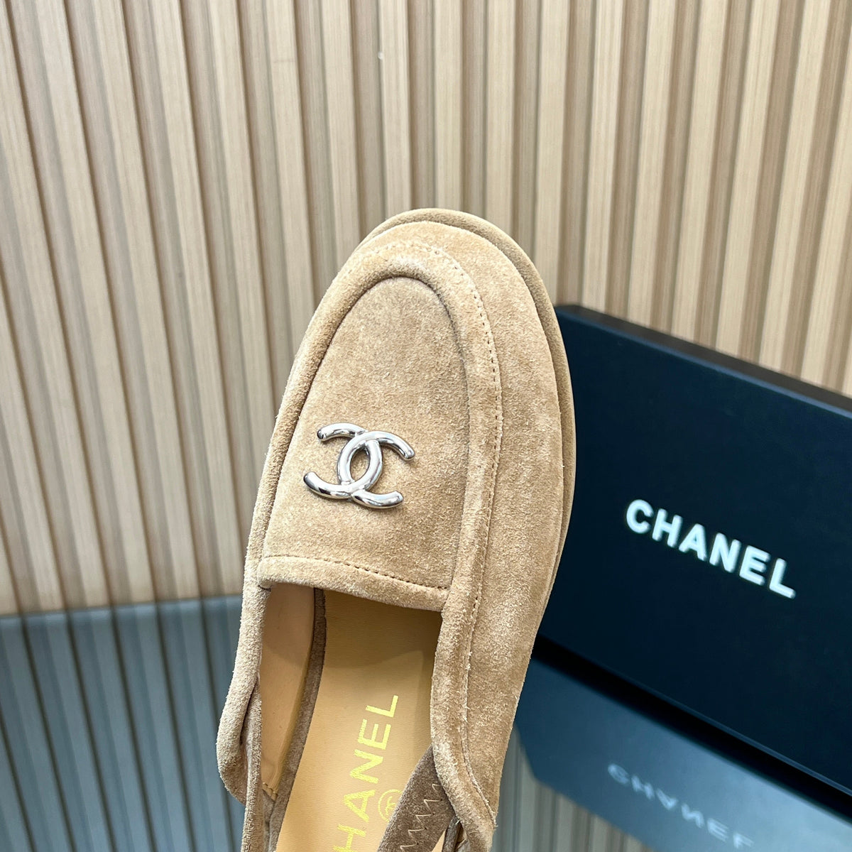 CHANEL 25S BACK STRAP MULE 15MM IN LIGHT BROWN SUEDE SILVER HARDWRE