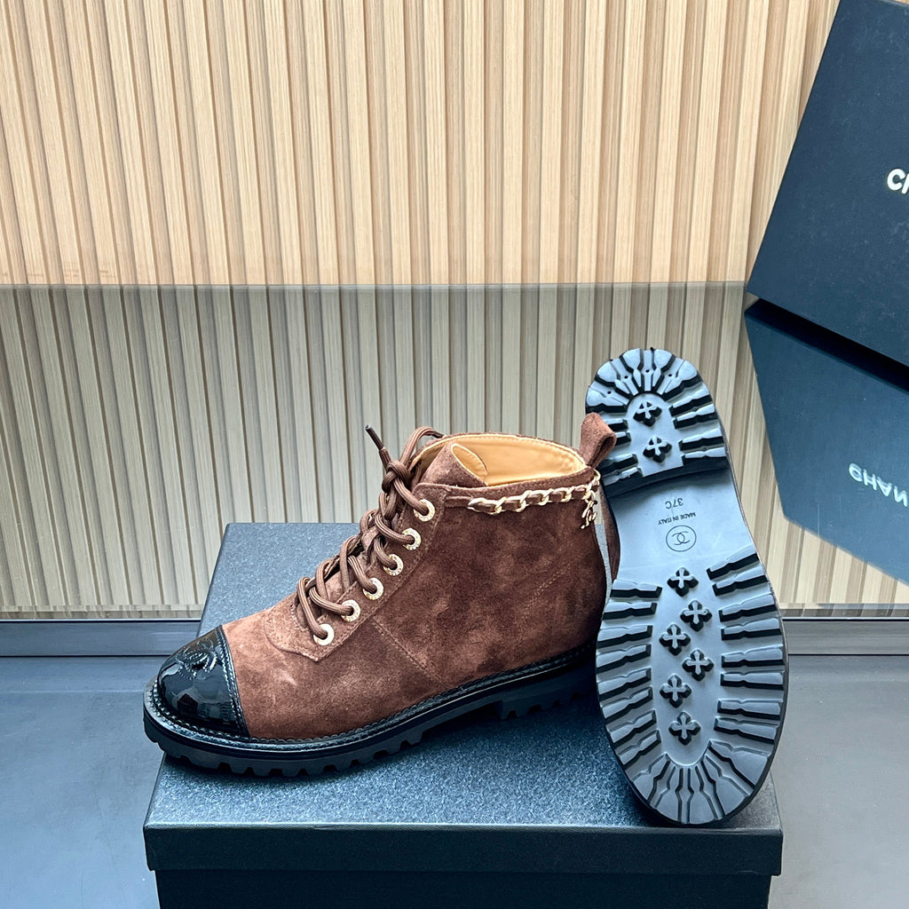 CHANEL 25S MARTIN LACE-UP BOOTS WITH CHAIN DETAIL IN DARK BROWN SUEDE