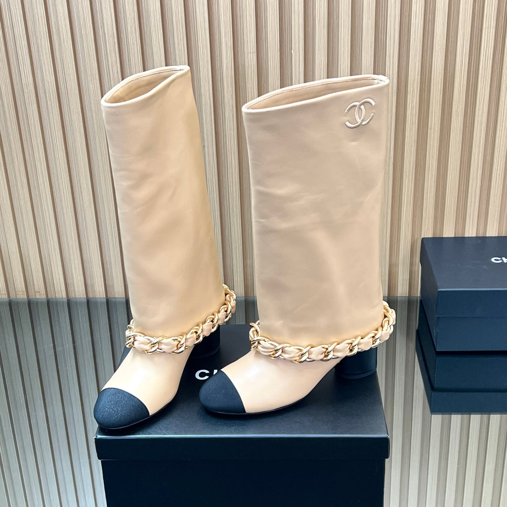 CHANEL 25S HIGH BOOTS 65MM IN BEIGE CALFSKIN GOLD HARDWRE