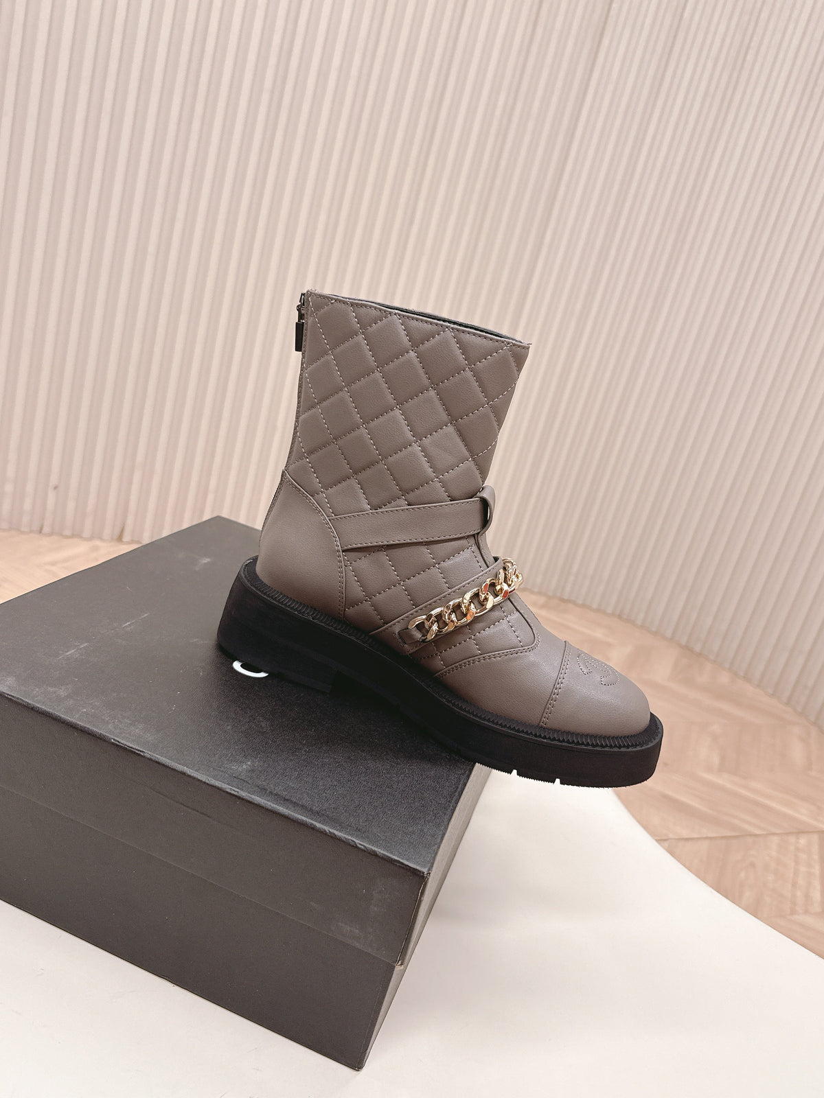 CHANEL ANKLE BOOTS 25S IN SMOKY GREY LAMBSKIN EMBOSSED LOGO WITH GOLD HARDWARE