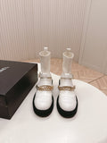 CHANEL ANKLE BOOTS 25S IN CREAM WHITE LAMBSKIN AND FABRIC WITH GOLD HARDWARE