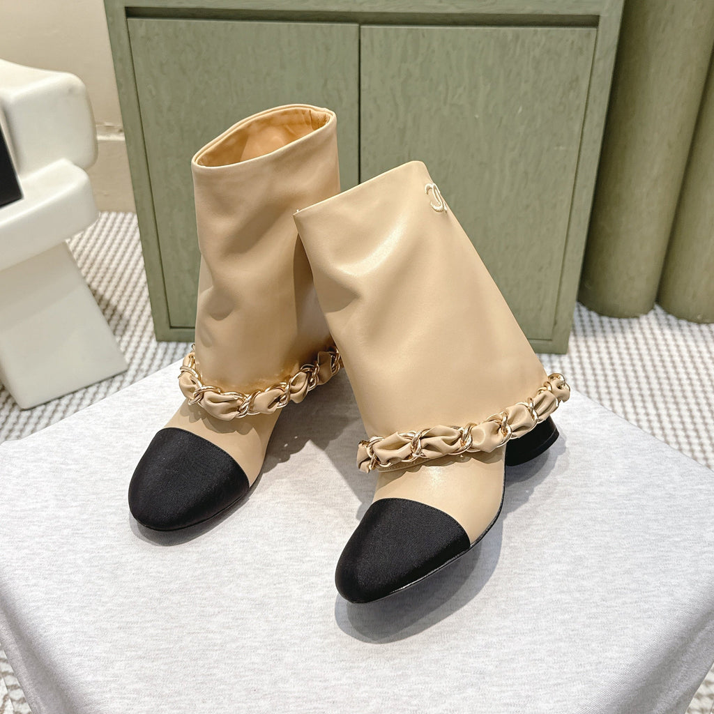 CHANEL 25S CALF-LENGTH BOOTS 45MM IN BEIGE AND BLACK CALFSKIN GOLD HARDWARE