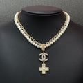 18K  Chanel Cross Diamond Pearl Chain Necklace