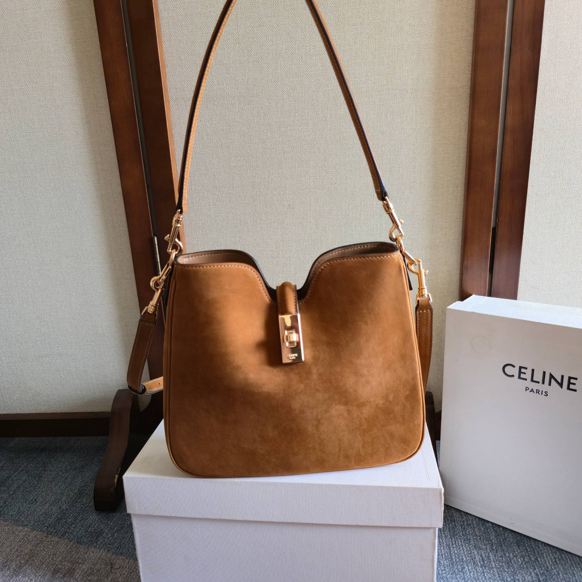CELINE 25S SMALL CAMILLE 16 SOFT BAG 24MM IN CARAMEL BROWN SUEDE