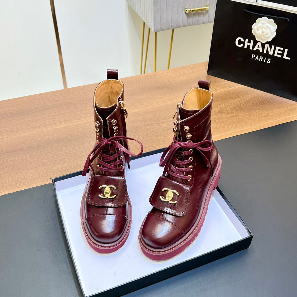 CHANEL 25S HIGH ANKLE BOOTS WITH ZIPPER IN BURGUNDY BROWN CALFSKIN GOLD HARDWARE