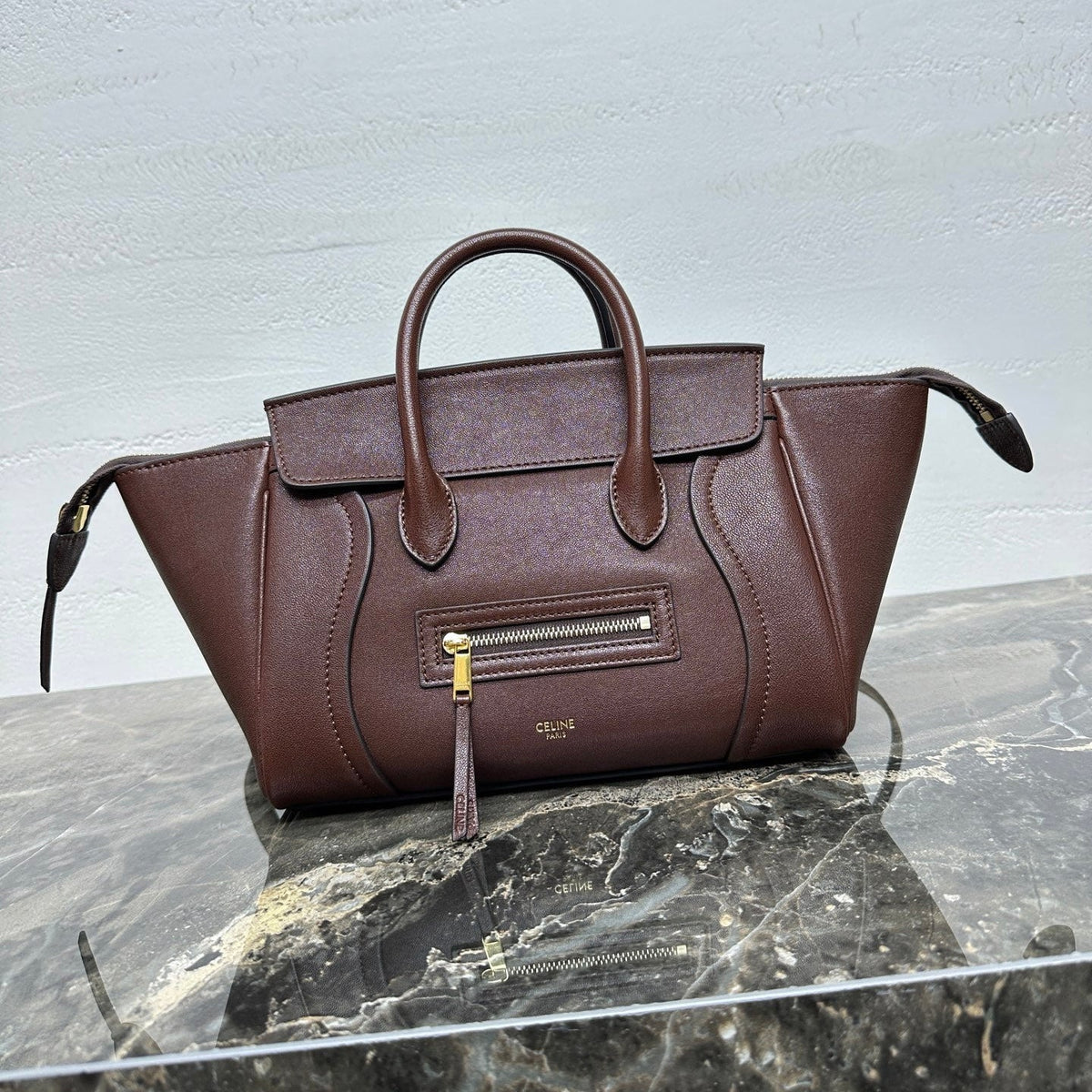 CELINE 25S NEW LUGGAGE 38MM IN CHOCOLATE BROWN  SHINY LAMBSKIN GOLD HARDWARE