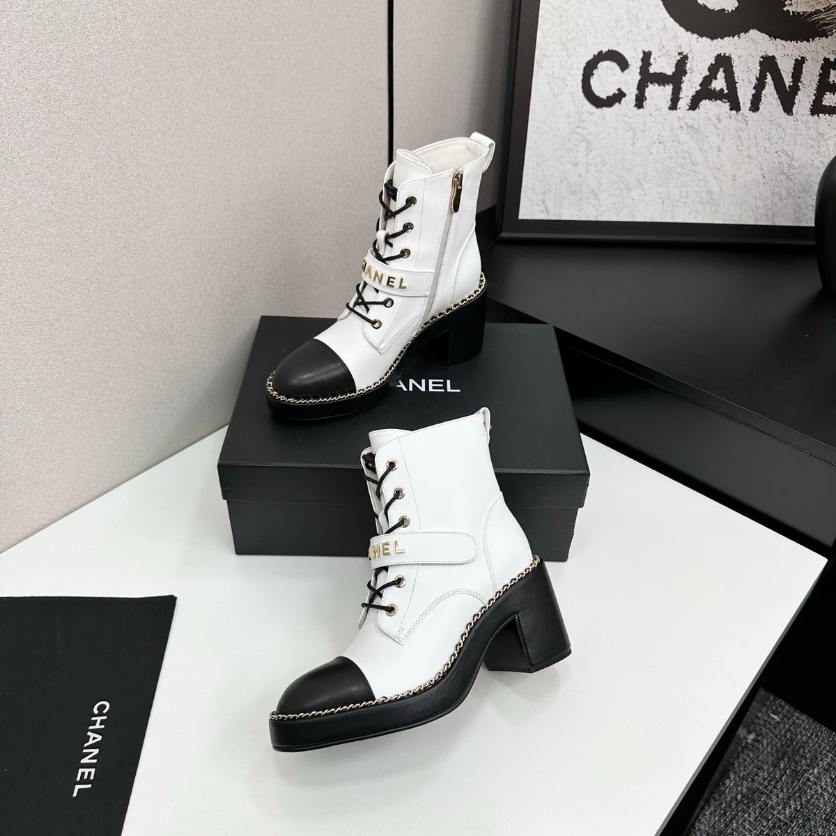 CHANEL 25S LACE-UP HEELED ANKLE BOOTS IN WHITE CALFSKIN