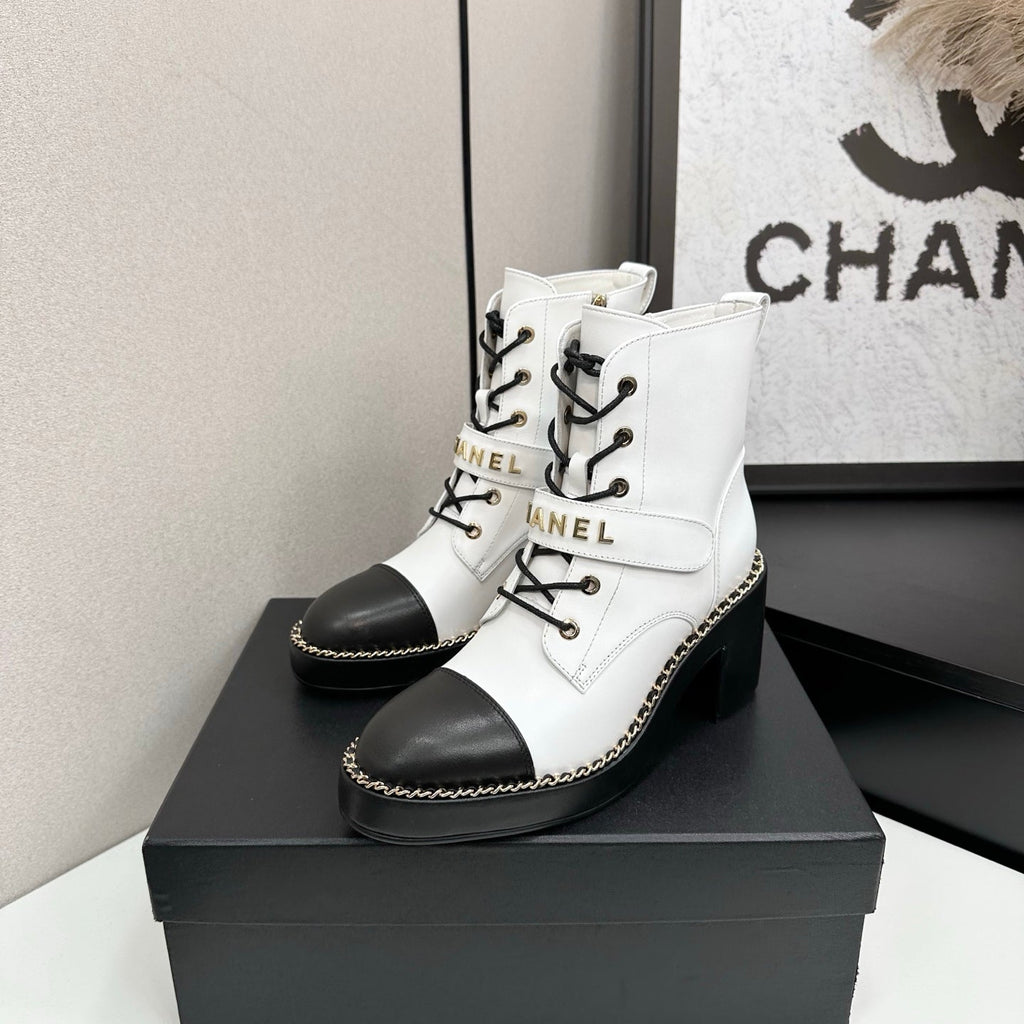 CHANEL 25S LACE-UP HEELED ANKLE BOOTS IN WHITE CALFSKIN