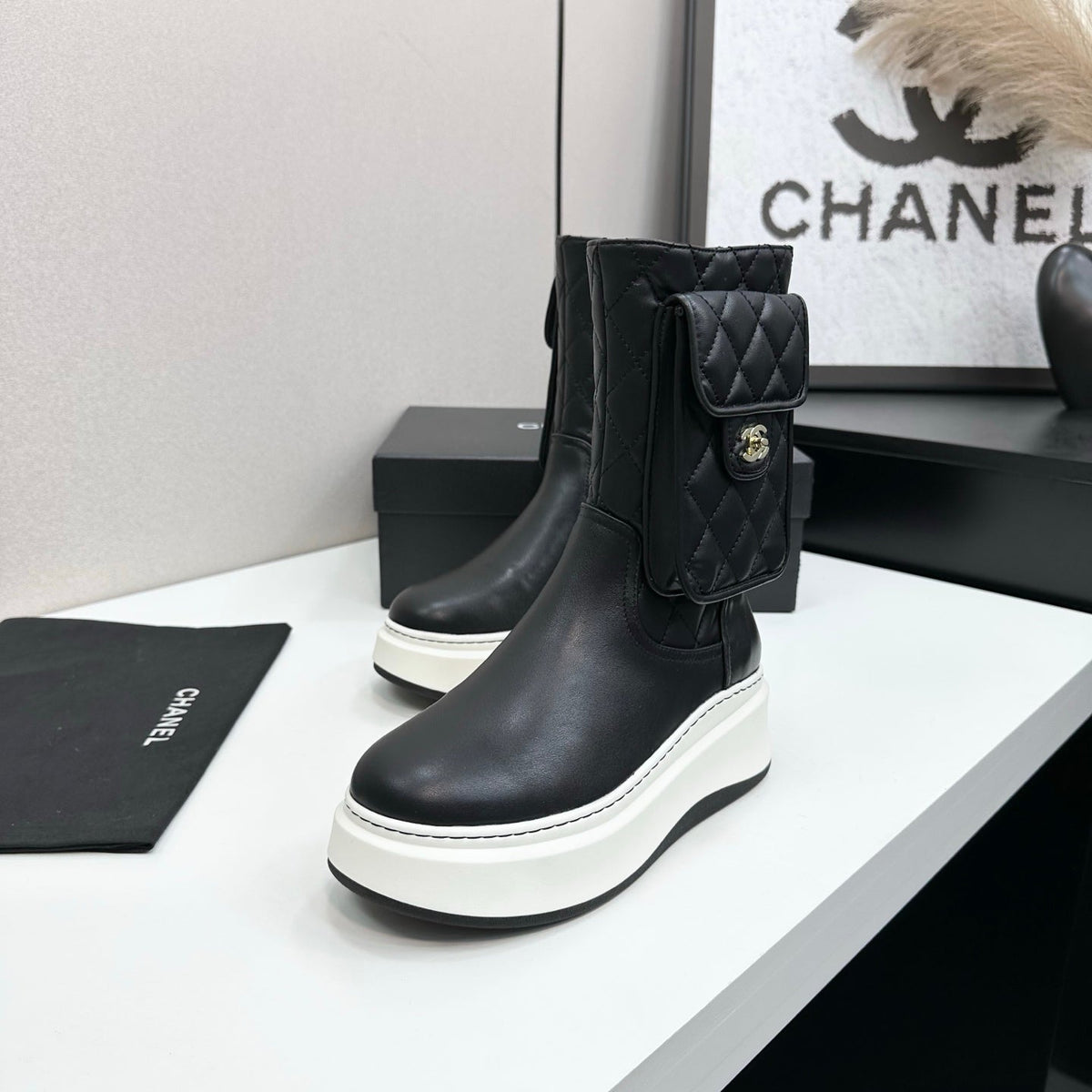 CHANEL 25S WEDGE ANKLE BOOTS IN BLACK CALFSKIN SILVER HARDWRE