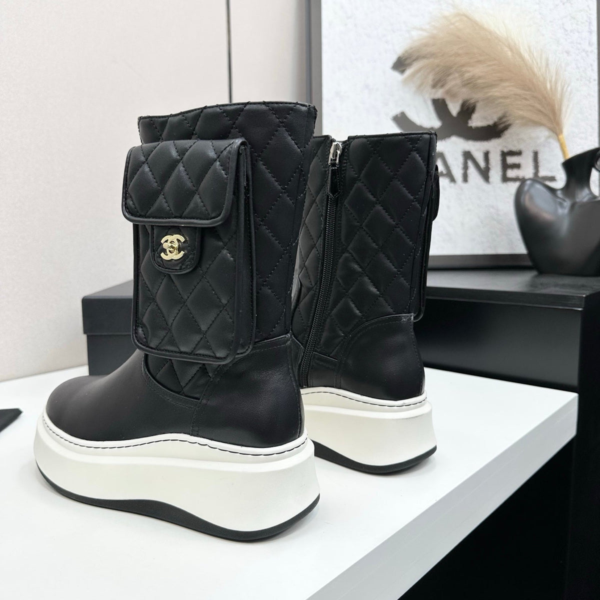 CHANEL 25S WEDGE ANKLE BOOTS IN BLACK CALFSKIN SILVER HARDWRE