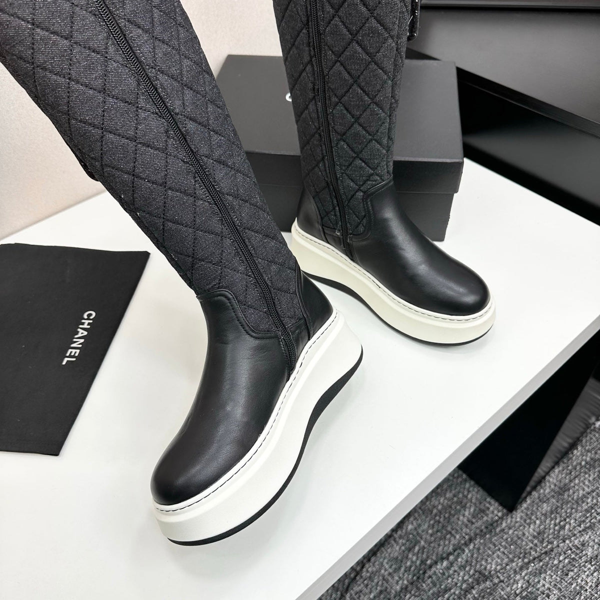 CHANEL 25S WEDGE KNEE-HIGH BOOTS IN BLACK CALFSKIN AND DENIM