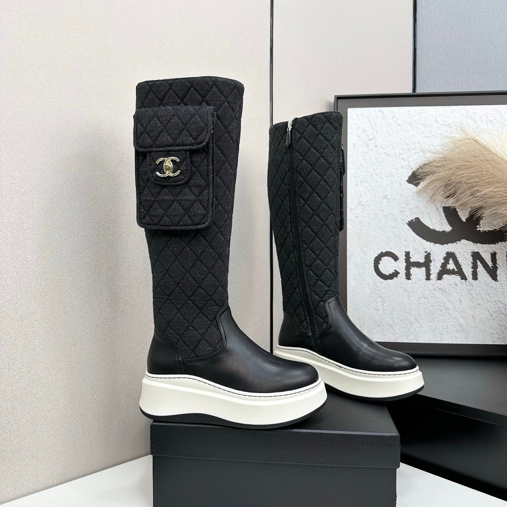 CHANEL 25S WEDGE KNEE-HIGH BOOTS IN BLACK CALFSKIN AND DENIM