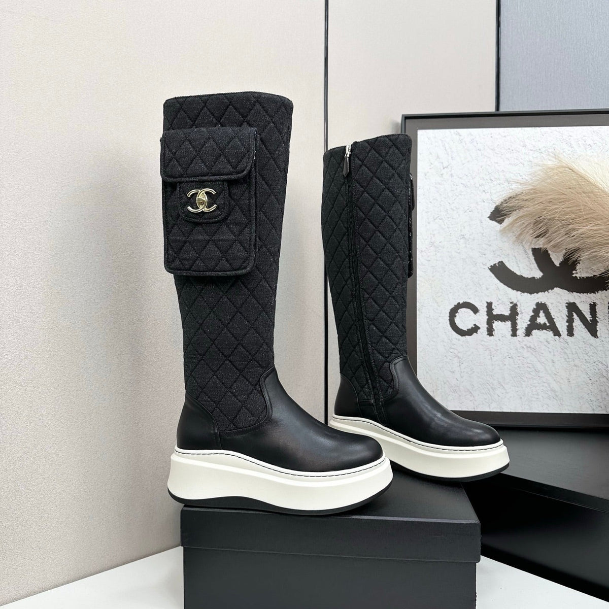 CHANEL 25S WEDGE KNEE-HIGH BOOTS IN BLACK CALFSKIN AND DENIM