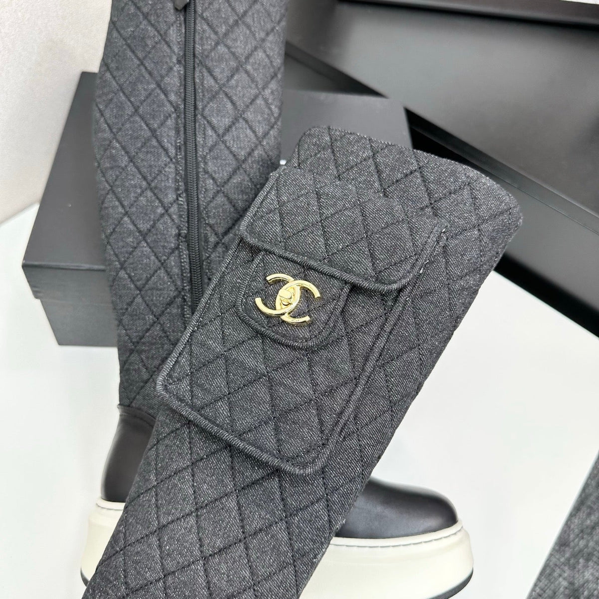 CHANEL 25S WEDGE KNEE-HIGH BOOTS IN BLACK CALFSKIN AND DENIM