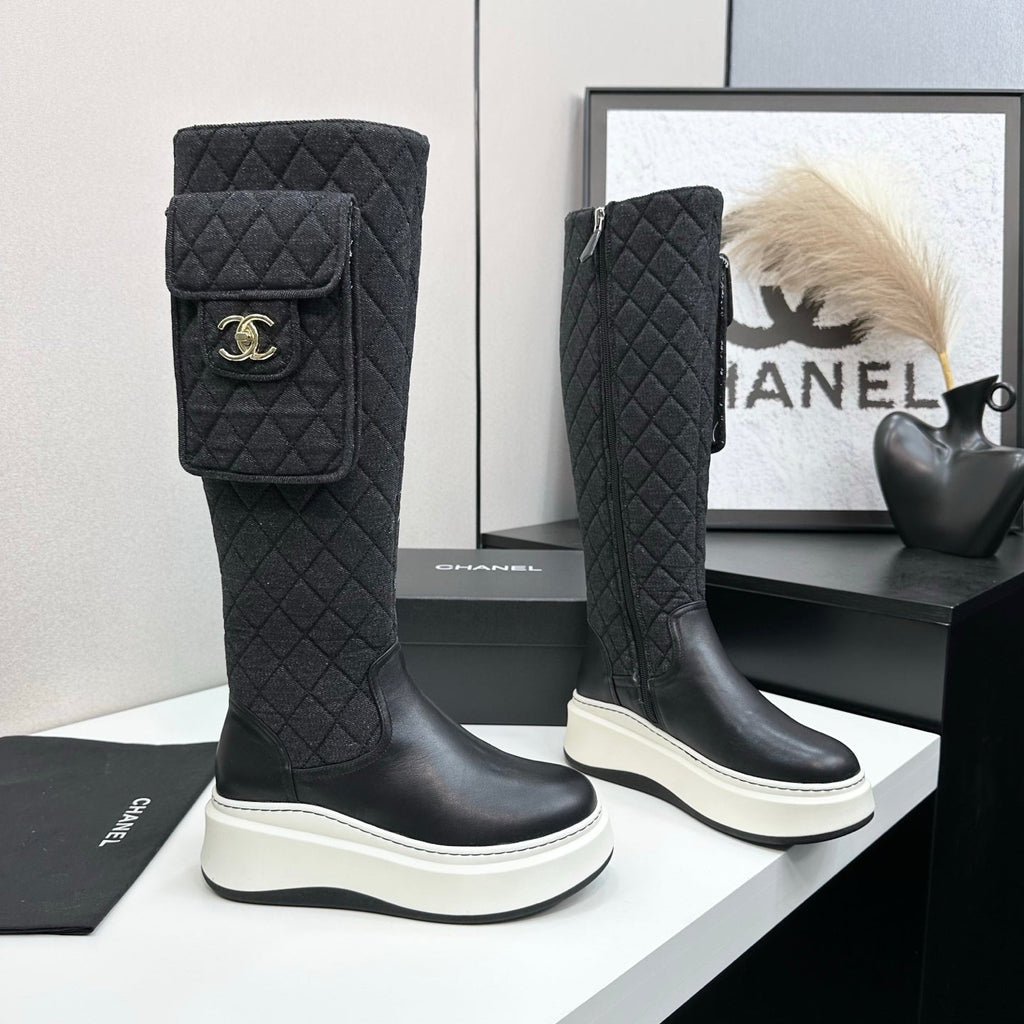 CHANEL 25S WEDGE KNEE-HIGH BOOTS IN BLACK CALFSKIN AND DENIM