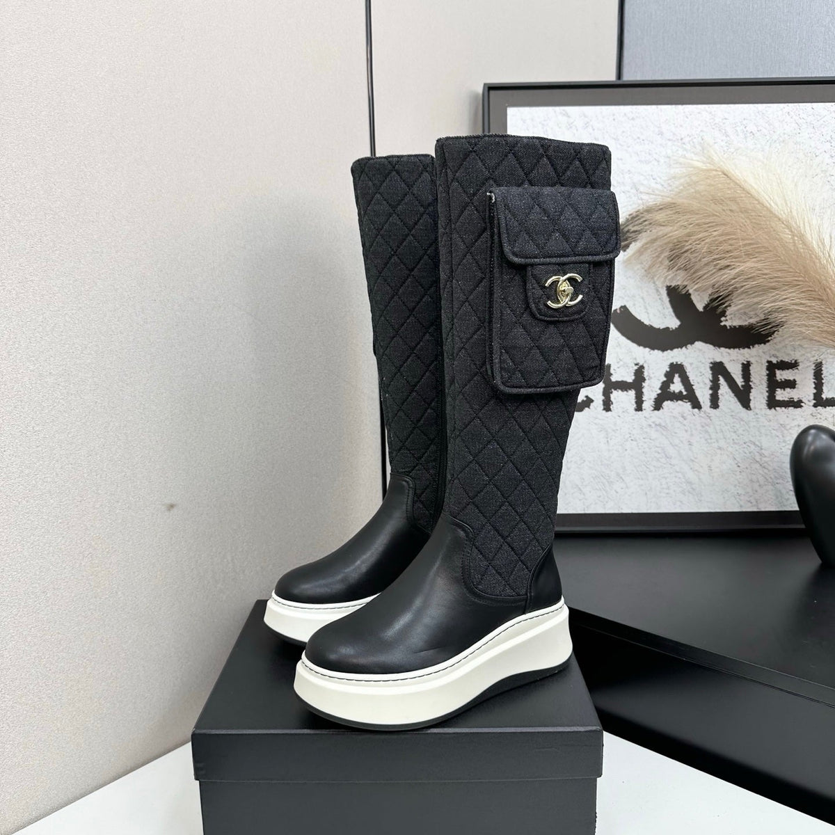 CHANEL 25S WEDGE KNEE-HIGH BOOTS IN BLACK CALFSKIN AND DENIM