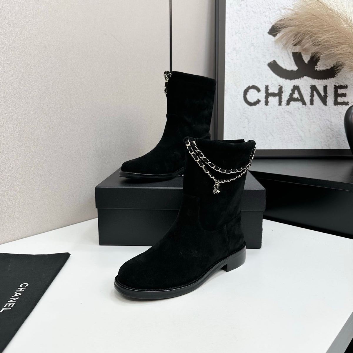 CHANEL 25S SHORT BOOTS IN BLACK SUEDE SILVER HARDWRE